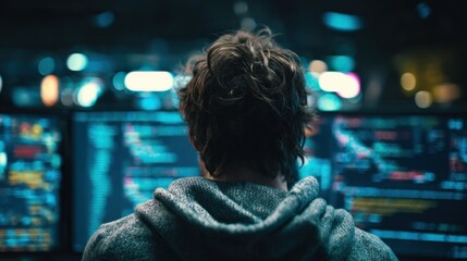 Person wearing a hoodie viewed from behind looking at multiple computer screens displaying code