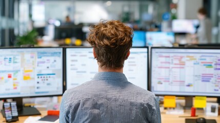 Man with curly brown hair working at a desk with multiple computer monitors displaying charts and data