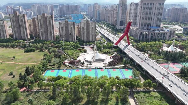 Weihe Park Baoji Shaanxi - Aerial Sports Complex with Urban Skyline