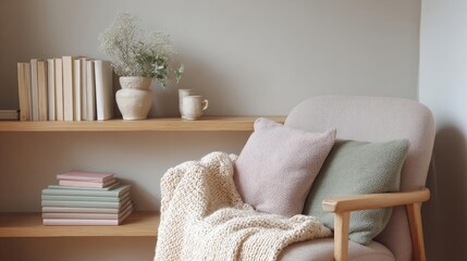 Corner of a room with a wooden shelf on the left side. on the shelf, there are several books, a vase with white flowers, and a small white mug.
