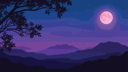 Fotobehang Warm Paars Serene nighttime mountain landscape vector illustration, glowing full moon, stars, tree silhouettes, and tranquil scenery for nature and dreamlike themes  © MDABDULLAHAL