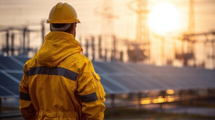 Man in hard hat and yellow jacket observing solar panels and power lines at sunset