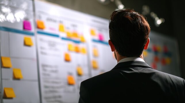 Businessman in suit observing a whiteboard with colorful sticky notes planning strategy - Powered by Adobe