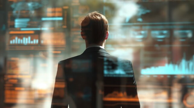 Man in suit viewing holographic data screens with charts and graphs Business intelligence financial analytics - Powered by Adobe