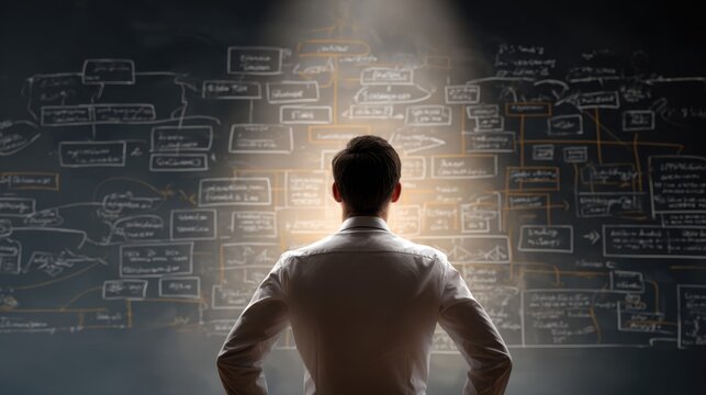 Man in a white shirt contemplates a complex flowchart diagram drawn on a dark wall