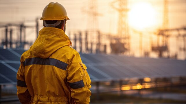 Man in hard hat and yellow jacket observing solar panels and power lines at sunset - Powered by Adobe