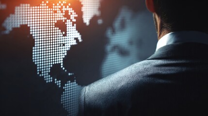 Businessman in suit observing a digital world map composed of illuminated dots