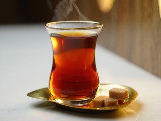 Steaming glass of amber tea on a gold plate with sugar cubes on a white table