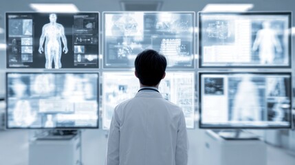 Doctor viewing multiple medical scan screens displaying human anatomy and brain images