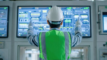 Engineer in hard hat and vest interacts with complex digital control panels showing schematics and data