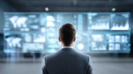 Businessman in suit back view analyzing futuristic glowing data screens displaying global maps and charts