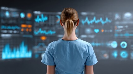 Medical professional views digital health data on a futuristic holographic display