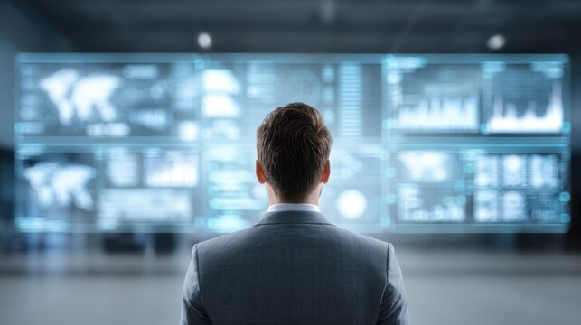Businessman in suit back view analyzing futuristic glowing data screens displaying global maps and charts - Powered by Adobe