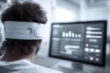 Person wears a headset while looking at a computer screen that shows various data charts and information in a workspace setting