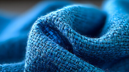 Macro shot of bright blue textile texture with linear grid pattern. Natural background with subtle fabric texture, trendy color design
