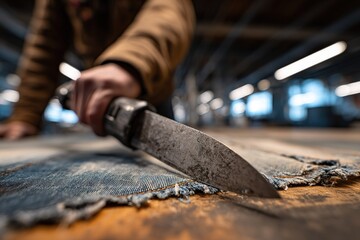 Worker cuts fabric on a table in a workshop using a large knife during the day in a busy industrial setting