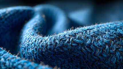 Macro shot of bright blue textile texture with linear grid pattern. Natural background with subtle fabric texture, trendy color design