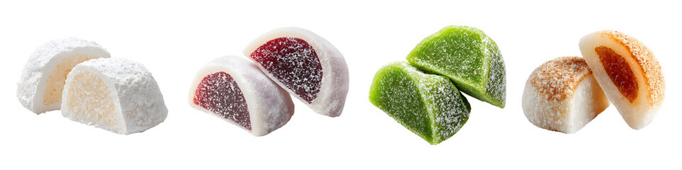 Set of sliced Japanese mochi rice cakes daifuku cut in half with various fillings isolated on transparent background