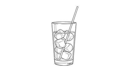 Minimalist Line Art Drawing of Iced Water Glass with Straw