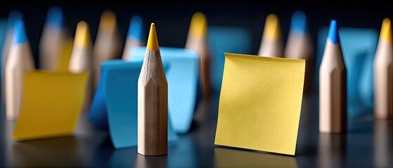 Colorful pencils and post-it notes on a blurred background in bright yellow and blue colors create a visually appealing arrangement in a creative workspace