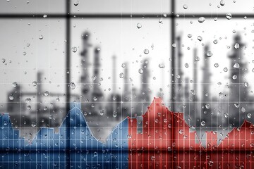 Display of market trends and oil refinery in the background with water droplets on glass
