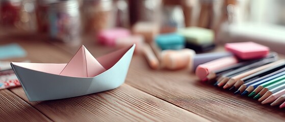 Paper boat on an office desk surrounded by markers, post-it notes, and various stationery items in a work environment