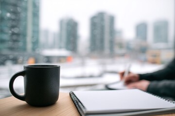 Working on a winter day with a warm drink and notes in the city