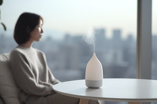 Woman sits in a modern room while a diffuser releases mist in the background during a clear day