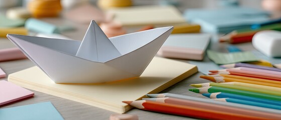 Paper boat stands on a table surrounded by markers, pencils, and post-it notes with scattered stationery in a workspace setting during daylight