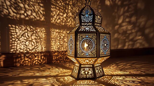 Ornate moroccan lantern illuminating a room with intricate patterns of light and shadow