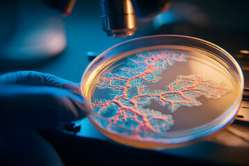 Examining microbial growth under a microscope in a laboratory setting during the late evening hours