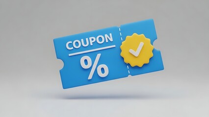 3D Blue Coupon Discount Symbol with Check Mark