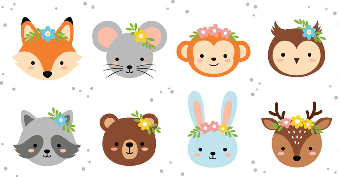 Cute forest animal face icons with floral crowns including fox, bear, rabbit, deer, owl, and mouse in flat vector style