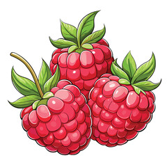 Three bright red raspberries with shiny highlights and green leaves