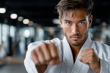 Martial artist throws punch in training gym
