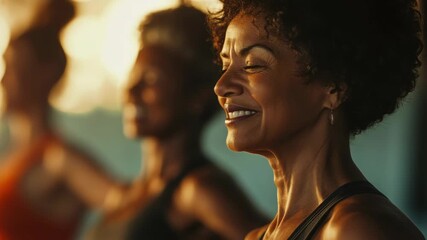 Friendly, diverse female yoga enthusiasts in a group fitness class.