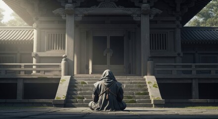 Peaceful Monk in Grey Robes Meditating on the Steps of an Ancient Japanese Temple