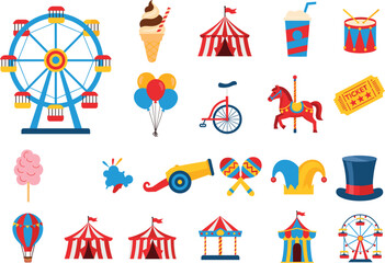 Large set of colorful carnival circus icons featuring ferris wheel circus tent carousel horse balloons ice cream and funfair festival entertainment elements isolated vector. © Mukta  Creative