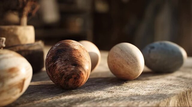 Wooden eggs arranged on rustic table in warm lighting  
