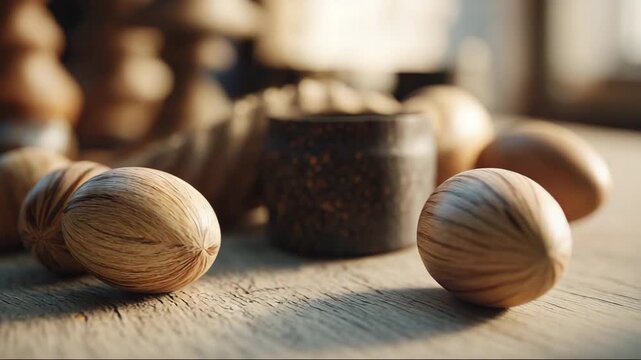 Assorted wooden nuts and a small bowl on a rustic wooden table  