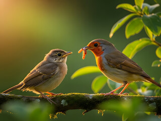 Fototapeta premium European Robin Feeding Juvenile Bird in Natural Garden Light