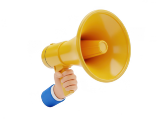 Hand holding yellow megaphone to amplify message isolated on transparent background