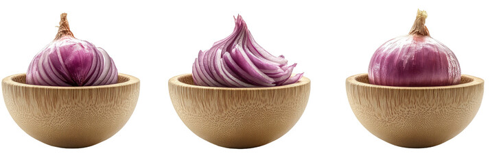 Three bowls, each holding a purple onion