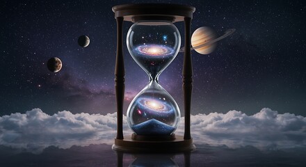 Hourglass with galaxies and planets in cosmic space