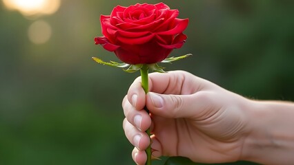 Hand Holding a Single, Vibrant Red Rose Bloom in Soft Golden Hour Backlight Against a Lush Green Bokeh Background, Symbolizing Romance, Love, and Passionate Giving.