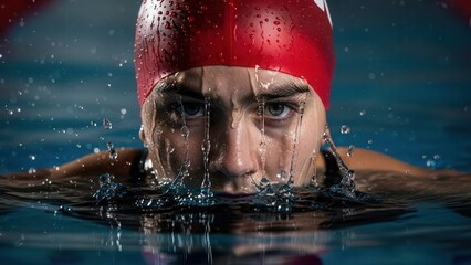 Professional swimmer with determined expression emerging from water ready for race