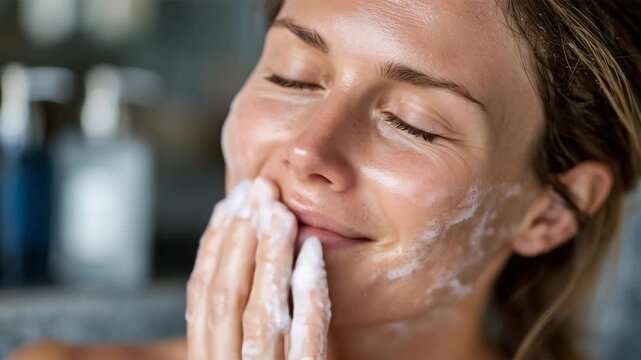 129Skincare routine close-up, smiling woman massaging foamy cleanser onto her face, eyes closed, soft lighting and clean background conveying freshness and hygiene
