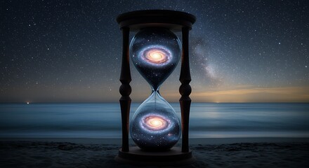 Hourglass with Spiral Galaxies on a Beach at Night