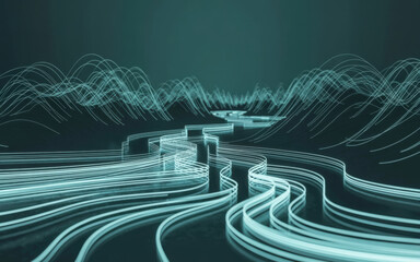 Abstract flowing lines of light creating a winding path through dark futuristic landscape