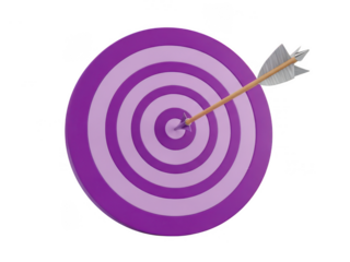 Precise arrow hitting the center of a purple target isolated on transparent background